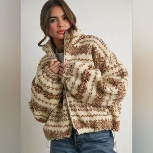 Butter Melon Sherpa Fleece Brown & Cream Full Lined Bomber Teddy Jacket Boutique